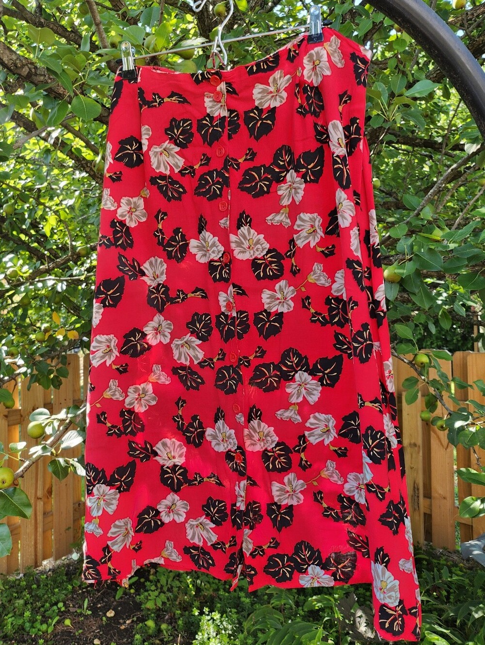 Vtg Sag Harbor XL Red Floral Button Midi Skirt Hibiscus Black White